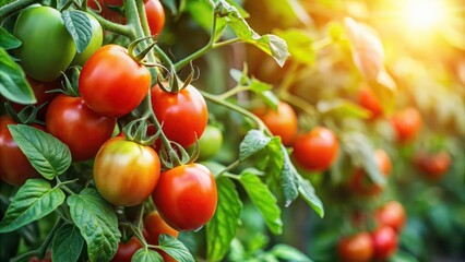 Close up of a healthy tomato plant with green leaves and ripe tomatoes, agriculture, gardening, farming, vegetable, growth, organic