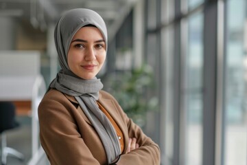 Cheerful female Muslim office worker wearing gray hijab and brown uniform at modern office