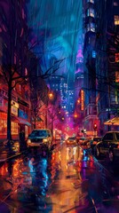 Vibrant Nightlife in Rainy Neon-Lit Cityscape. Rain nightlife metropolitan