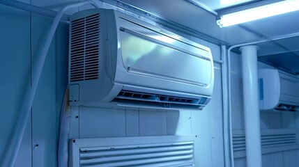 a white air conditioner sitting on top of a wall