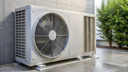 Close up of a modern air conditioning heat pump unit, heat pump, air conditioning, appliance