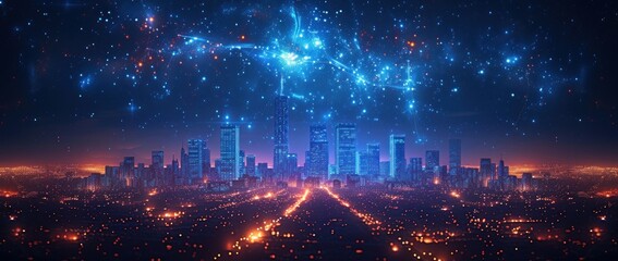 Fototapeta premium Night Cityscape with Starry Sky