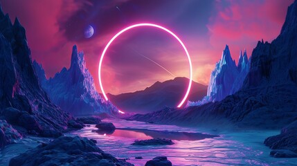 Abstract neon landscape 3d render featuring pink and blue glowing ring over rugged terrain, round frame in mystical cosmic setting, virtual reality visualization, dark space with ultraviolet light and