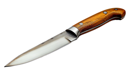 A knife with a brown handle and a sharp silver blade., isolate on white background