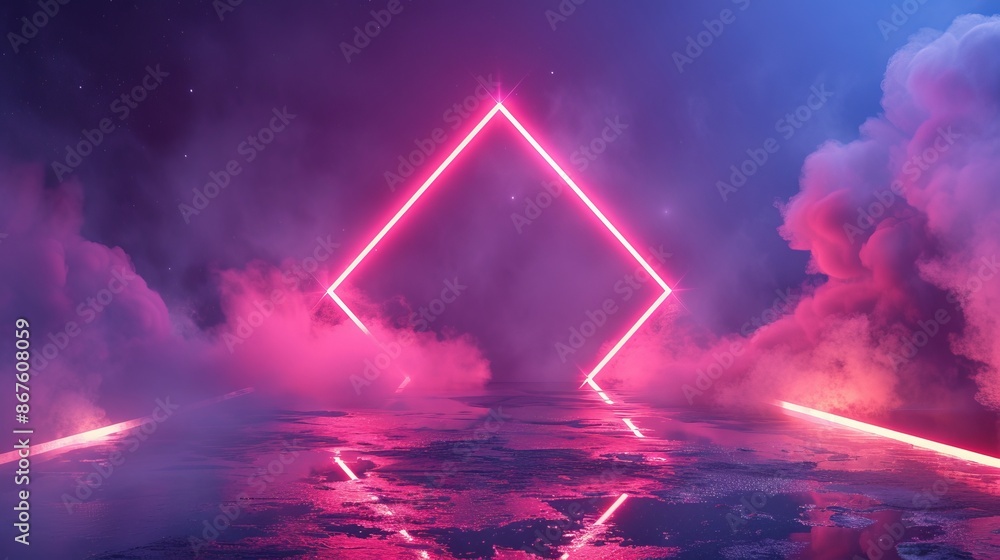 Poster abstract futuristic background with neon geometric shapes and stormy clouds on night sky - 3d render