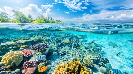 Naklejka premium A vibrant coral reef teeming with colorful fish and surrounded by crystal clear turquoise water and a lush green island.