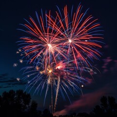 Fototapeta premium A vibrant display of red and blue fireworks exploding against a dark night sky.
