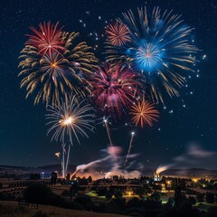 Fototapeta premium A vibrant firework display illuminates the night sky over a small town. The colorful bursts create a festive atmosphere against the backdrop of a starry night.