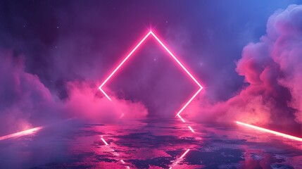 Abstract Futuristic Background with Neon Geometric Shapes and Stormy Clouds on Night Sky - 3D Rendering Featuring Rhombus Frame with Copy Space for Text