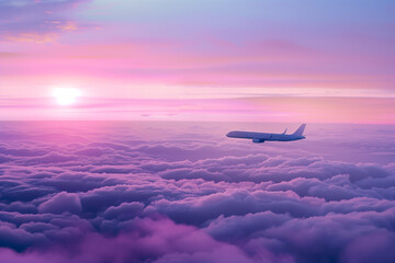 Aerial photo of a plane flying in the sky above fluffy clouds. Dreamy pastel color palette with purple, blue and pink primary colors.
