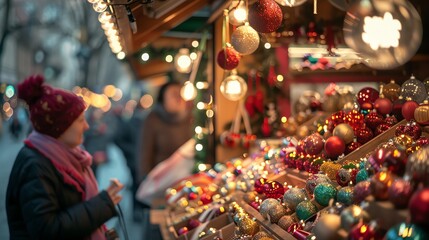 A woman browses colorful ornaments at a bustling Christmas market.  The festive atmosphere is enhanced by twinkling lights and decorations.