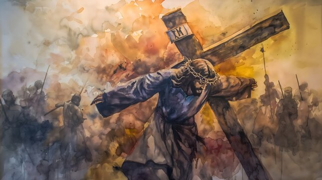 5. Design a powerful watercolor painting of Jesus carrying the cross, set against a dramatic background that symbolizes sacrifice and redemption, capturing the emotional depth and spiritual