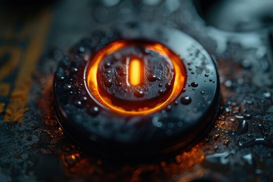 Power Up Symbol on Desktop Screen Power up symbol appearing on a desktop computer screen, close-up view, symbolizing the beginning of a workday, readiness, and the importance of technology in daily