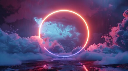 Abstract futuristic geometric background with neon ring and stormy clouds over night sky, round frame with copy space