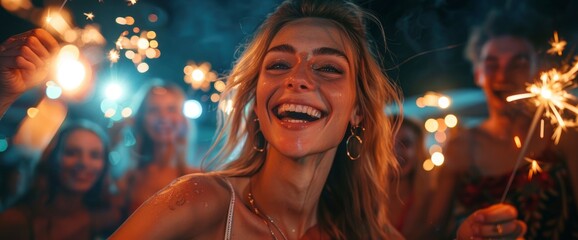 Fototapeta premium Friends Dancing And Waving Sparklers At New Year'S Eve Party
