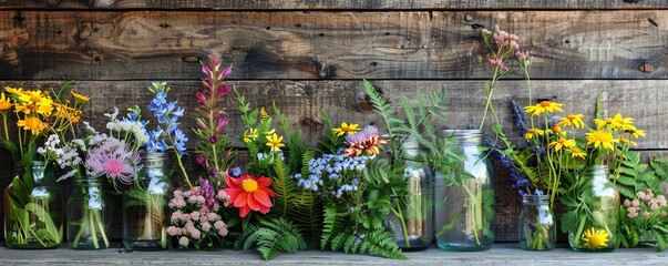 Obraz premium Colorful wildflowers in glass bottles against a rustic wood background.