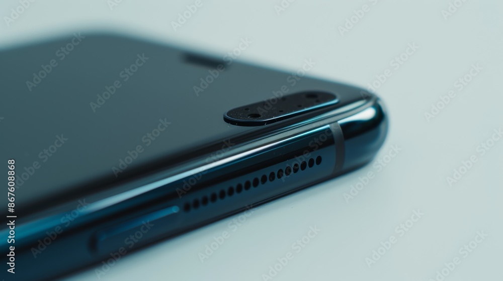 Poster close up of a modern smartphone lying on a white table showing the camera and speaker details