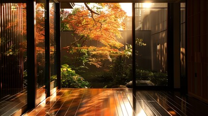 a room with a wooden floor and a tree in the background