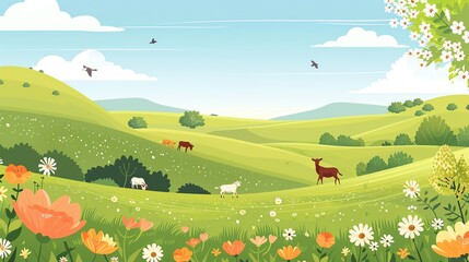 Idyllic green rolling hills with grazing cows and sheep, dotted with wildflowers and a clear blue sky.