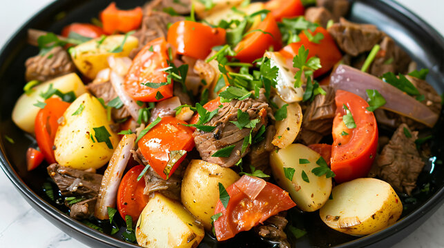 Delicious uzbek-inspired beef stir fry with potatoes, tomatoes, and fragrant herbs, bursting with vibrant flavors
