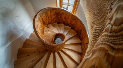 Elegant spiral wooden staircase. Luxury varnished wood at home. Unique wooden staircase in a modern interior