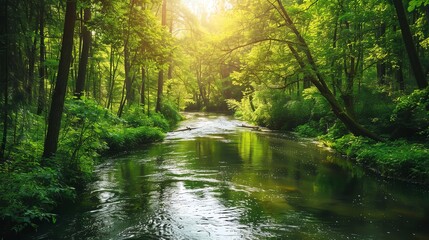 Fototapeta premium Sunlight filters through lush green trees, illuminating a tranquil stream flowing through a dense forest.