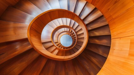 Elegant spiral wooden staircase. Luxury varnished wood at home. Unique wooden staircase in a modern interior