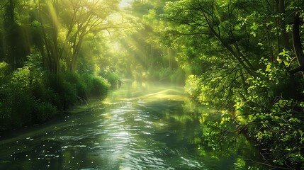 Obraz premium Sunlight streams through a lush green forest, illuminating a tranquil stream winding through the foliage.