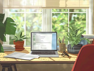 Fototapeta premium Sunlight streams through a window onto a desk with a laptop, plants, and books. A cozy workspace with a view.
