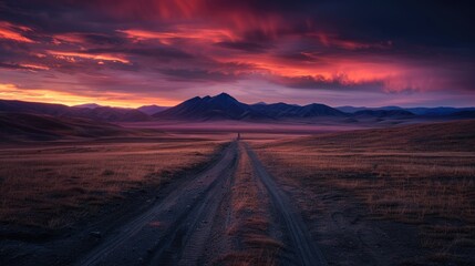 Fototapeta premium Dramatic Desert. Road Path in Kurai Altai Mountains under Colourful Siberian Sunset