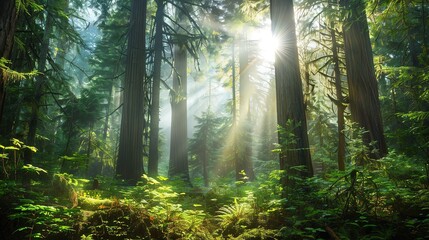 Obraz premium Sunlight streams through tall trees in a lush, green forest.