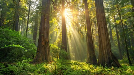 Sunlight streams through the canopy of a redwood forest, illuminating the ancient trees and the lush undergrowth.