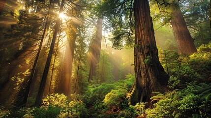 Obraz premium Sunlight streams through the dense canopy of a majestic forest, illuminating the ancient trees and verdant undergrowth.