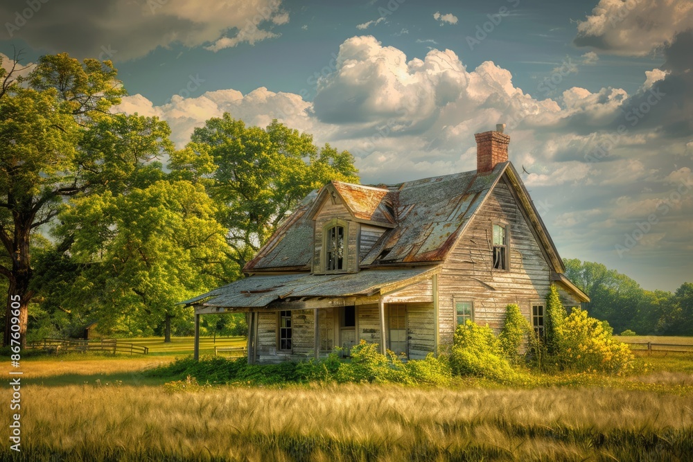 Wall mural farmhouse old. abandoned rustic house in rural green setting