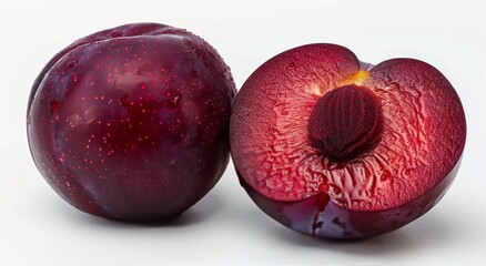 A Single Red Plum Cut In Half Against White Background