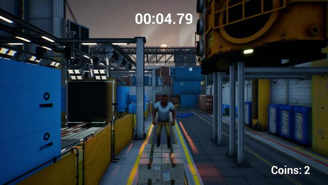 CGI footage of gameplay in third person action 3D video game, of male character running through industrial warehouse with ticking timer, jumping over containers, collecting golden coins, passing level