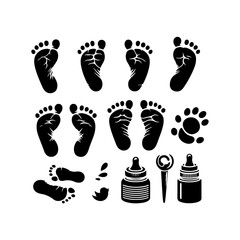 Black baby's prints footpath. Kids feet footprints silhouette. Set of human footprints icons. Family feet prints. footprint icons. Vector isolated illustration on white background.