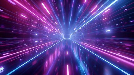 Obraz premium Abstract flight in retro neon hyper warp space tunnel - 3d illustration of futuristic sci-fi concept with vibrant colors and dynamic motion, perfect for space-themed projects, digital art, and futuris