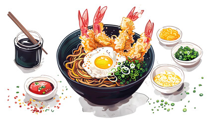  A hot soba noodle bowl with tempura prawns, scallions, and a poached egg, surrounded by condiments on a pristine white 
