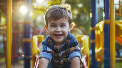 Child boy playing on playground equipment in the park.