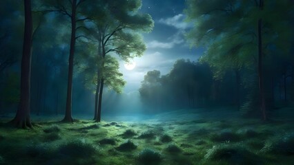 月光が差し込む幻想的で静かな森