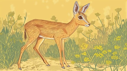 Deer standing in a lush forest, surrounded by flowers and greenery, with a serene background.
