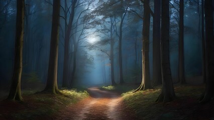 月明かりに照らされた静かな森の小道