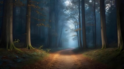 月明かりが差し込む森の小道