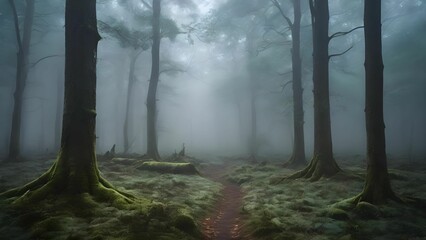 霧に包まれた幻想的な森