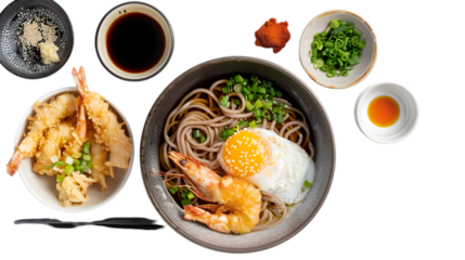  A hot soba noodle bowl with tempura prawns, scallions, and a poached egg, surrounded by condiments on a pristine white 