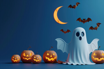 Friendly ghost standing with a row of illuminated jack-o'-lantern pumpkins and bats flying under a crescent moon on a dark blue background