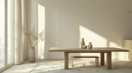Minimalist Wooden Dining Table With Bench and Vases in a Modern Interior