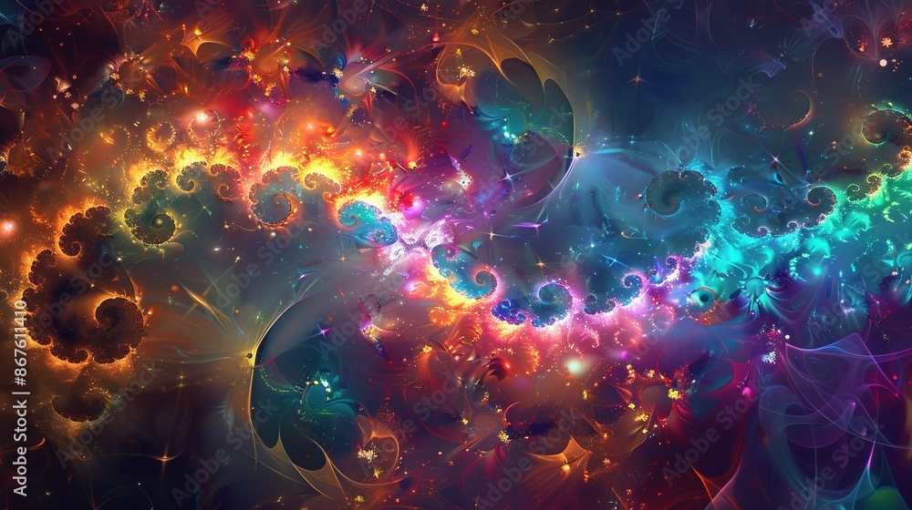 Poster abstract neon fractal wallpaper with vibrant space elements and galactic patterns in a dark cosmic b
