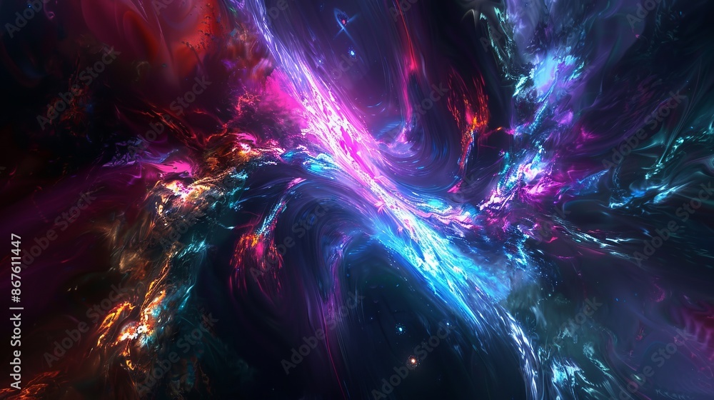 Poster abstract neon fractal wallpaper with vibrant space elements and galactic patterns in a dark cosmic b